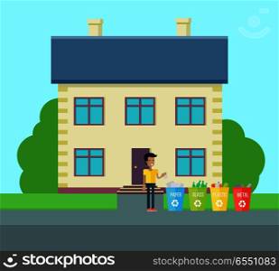 Sorting household trash vector concept. Flat design. Smiling man near house drops garbage in baskets for paper, glass, plastic, metal. Environmental protection, pollution prevention, waste recycling. Sorting Household Trash Concept Illustration.