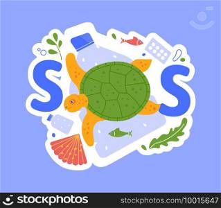 Sos and help sea animals from plastic. Vector save environment for fish, stop dirty oceanr, rubbish polluted environmental flora illustration. Sos and help sea animals from plastic
