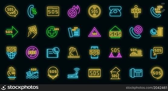 Sos icons set. Outline set of sos vector icons neon color on black. Sos icons set vector neon