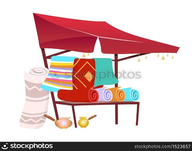 Souk trade tent with handmade carpets cartoon vector illustration. Eastern marketplace awning, canopy with souvenirs, rugs flat color object. Asian fair marquee isolated on white background