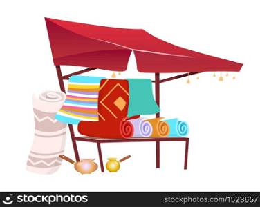 Souk trade tent with handmade carpets cartoon vector illustration. Eastern marketplace awning, canopy with souvenirs, rugs flat color object. Asian fair marquee isolated on white background