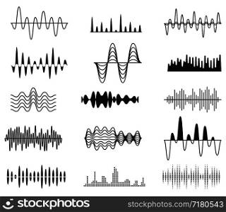 Sound amplitude waves. Radio signal symbols. Audio music equalizer, voice wave vector set isolated. Voice digital electronic equalizer, frequency soundwave illustration. Sound amplitude waves. Radio signal symbols. Audio music equalizer, voice wave vector set isolated