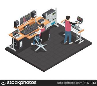 Sound Engineer Isometric Workplace. Music production studio room isometric interior with sound engineer and arrangement producer workplace equipped with gear vector illustration