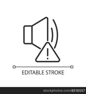 Sound error pixel perfect linear icon. Device breakage. Media player failure. Loudspeaker is broken. Thin line illustration. Contour symbol. Vector outline drawing. Editable stroke. Arial font used. Sound error pixel perfect linear icon