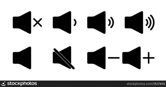 Sound icon mute. Volume and audio up or down. Speaker button off or silent mode. Sign of loud noise of music. Symbols of siren bar for player app. Level of volume ringtone, voice for computer. Vector.. Sound icon mute. Volume and audio up or down. Speaker button off or silent mode. Sign of loud noise of music. Symbols of siren bar for player app. Level of volume ringtone, voice for computer. Vector