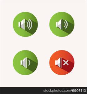 Sound icons with shade on colored circles and white background