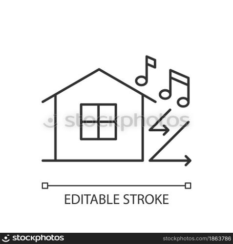 Sound insulation linear icon. Walls soundproofing performance improvement. Sound attenuation. Thin line customizable illustration. Contour symbol. Vector isolated outline drawing. Editable stroke. Sound insulation linear icon