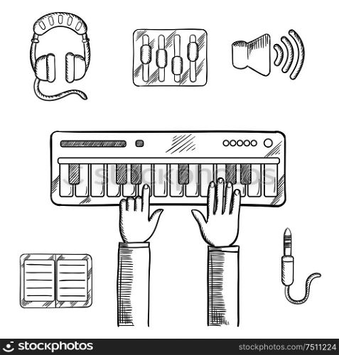 Sound recording and music icons sketch with person playing an electronic keyboard, earphones, volume sliders, megaphone, tablet or MP3 player and a sound jack or plug. Vector sketch. Sound recording and music icons sketch