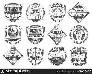 Sound recording studio label, music instruments store and karaoke club icons. Vector radio station or retro music festival piano, microphone and DJ headphones, jazz club saxophone and guitar. Music station, sound recording studio icons