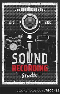 Sound recording studio vintage retro poster, professional DJ sound mastering equipment, vocal school. Vector singer microphone, music producer station, acoustic percussion drum, piano and equalizer. Music instruments and sound recording studio