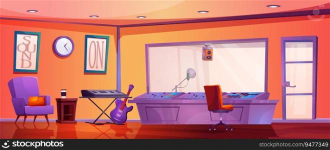 Sound recording studio with synthesizer, guitar and professional sound control equipment. Vector cartoon illustration of room with microphone behind glass, music mixer with buttons and wires, armchair. Sound recording studio with synthesizer, guitar