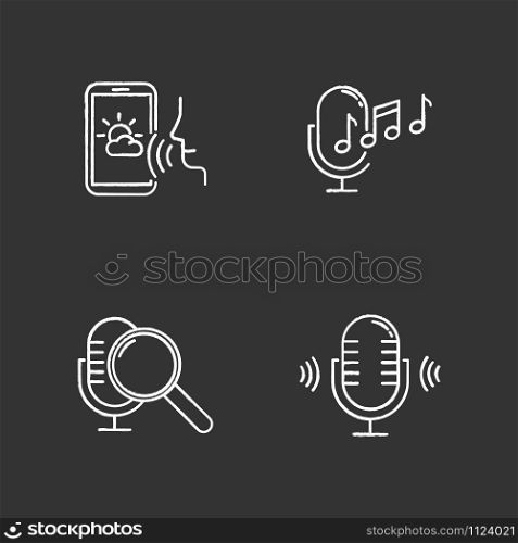 Sound request chalk icons set. Voice control system idea. Speech recognition technology. Voice controlled apps. Microphones, speakers, forecast app. Isolated vector chalkboard illustrations