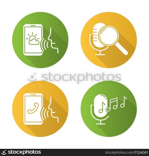 Sound request flat design long shadow glyph icons set. Voice control system idea. Speech recognition technology. Voice controlled apps. Microphones, speakers. Vector silhouette illustration
