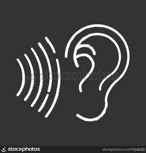 Sound signal chalk icon. Audible soundwave idea. Listening ear. Loud noise perception. Voice call, sound susceptibility. Hearing ability. Hearable audio signal. Isolated vector chalkboard illustration