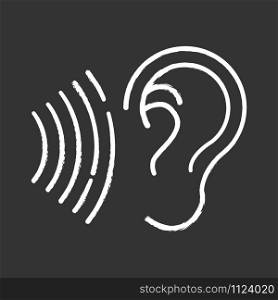 Sound signal chalk icon. Audible soundwave idea. Listening ear. Loud noise perception. Voice call, sound susceptibility. Hearing ability. Hearable audio signal. Isolated vector chalkboard illustration