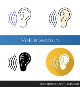 Sound signal icons set. Audible soundwave idea. Listening ear. Loud noise perception. Voice call, sound susceptibility. Hearing ability. Linear, black and color styles. Isolated vector illustrations