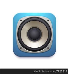 Sound speaker icon of audio music stereo system. Vector square button of musical mobile application or app, 3d blue dynamic of loudspeaker subwoofer isolated symbol, entertainment technology design. Sound speaker icon with audio music stereo system