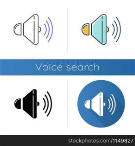 Sound speaker icons set. Volume control idea. Loudspeaker, megaphone. Modern stereo equipment. Sound signal tool, loud noise.Linear, black and color styles. Isolated vector illustrations
