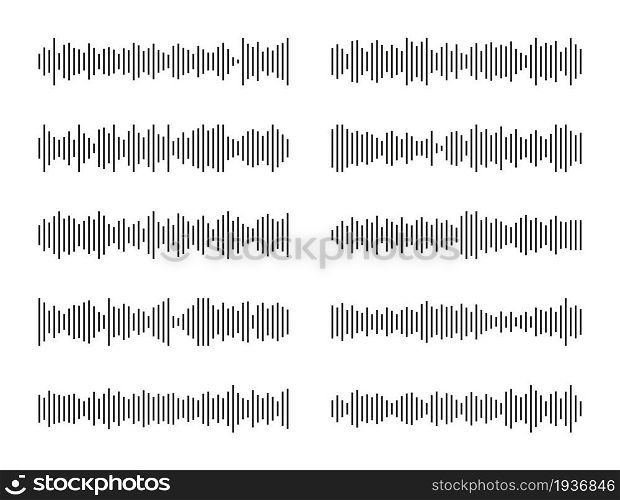Sound wave icon. Audio and radio. Soundwave for voice, music and podcast. Frequency of signal of song. Waveform of sound wave. Graphic element for music track, pulse and equalizer. Vector.. Sound wave icon. Audio and radio. Soundwave for voice, music and podcast. Frequency of signal of song. Waveform of sound wave. Graphic element for music track, pulse and equalizer. Vector