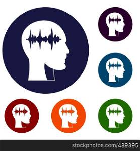 Sound wave icons set in flat circle red, blue and green color for web. Sound wave icons set