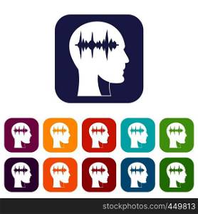 Sound wave icons set vector illustration in flat style In colors red, blue, green and other. Sound wave icons set flat