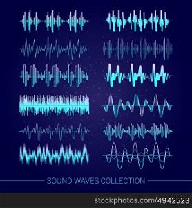 Sound Waves Collection . Sound waves collection with audio symbols on blue background flat isolated vector illustration
