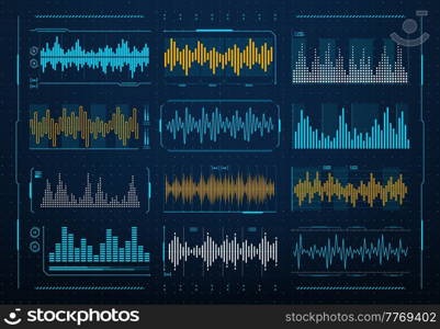 Sound waves frequency, audio music digital equalizer, vector HUD interface. Voice soundwave or radio signal line waveform and recorder or music player volume level with waves of sound on scale. Sound waves frequency, audio music voice equalizer