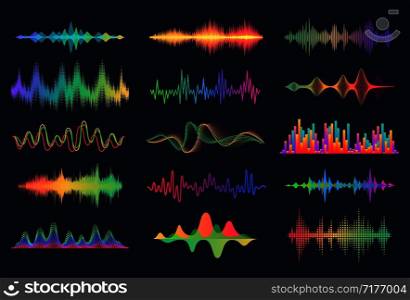 Sound waves. Frequency audio waveform, music wave HUD interface elements, voice graph signal. Vector audio electronic color wave set. Sound waves. Frequency audio waveform, music wave HUD interface elements, voice graph signal. Vector audio wave set