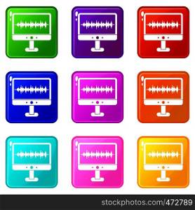Sound waves icons of 9 color set isolated vector illustration. Sound waves icons 9 set