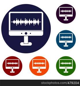 Sound waves icons set in flat circle red, blue and green color for web. Sound waves icons set