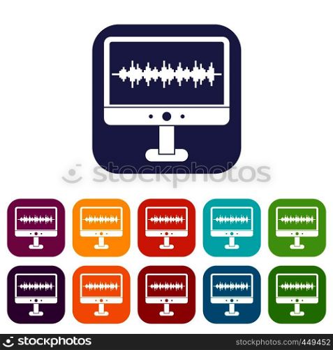 Sound waves icons set vector illustration in flat style In colors red, blue, green and other. Sound waves icons set flat