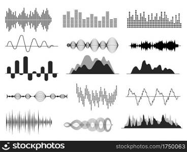 Sound waves. Music wave, audio frequency waveform. Radio voice and soundtrack symbol. Soundwave abstract signals isolated vector set. Illustration sound voice, digital frequency radio, soundwave music. Sound waves. Music wave, audio frequency waveform. Radio voice and soundtrack symbols. Soundwave abstract signals isolated vector set