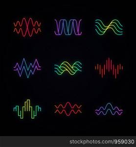 Sound waves neon light icons set. Glowing signs. Music rhythm, heart pulse. Audio waves, radio signals logotype. Digital waveforms, abstract soundwaves, amplitude. Vector isolated illustrations