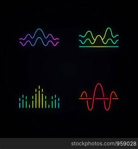 Sound waves neon light icons set. Glowing signs. Noise, vibration frequency. Volume, equalizer level wavy lines. Music waves, rhythm. Digital curve soundwaves logotype. Vector isolated illustrations