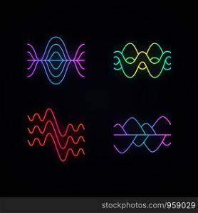 Sound waves neon light icons set. Glowing signs. Vibration, noise amplitude, levels. Soundwaves, digital waveform. Audio, music, melody rhythm frequency. Vector isolated illustrations
