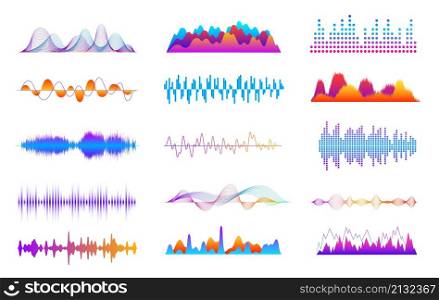 Sound waves set. Voice wave sounds, musical impulse graph. Vibrant music player interface, digital audio pulse signal. Waveform frequency exact vector kit. Illustration of voice digital sound. Sound waves set. Voice wave sounds, musical impulse graph. Vibrant music player interface, digital audio pulse signal. Waveform frequency exact vector kit