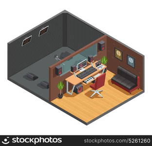 Soundbox Interior Isometric Composition. Music studio isometric interior composition with vocal recording soundproofed cabin joint with mixing room with furniture vector illustration