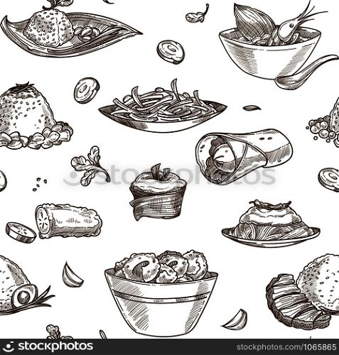 Soup seafood shrimps in bowl monochrome sketch outline vector seamless pattern of meal pasty and baked products cakes and mint leaves species wrapped pancakes and desserts with toppings.. Soup seafood shrimps in bowl monochrome sketch outline