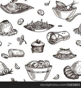 Soup seafood shrimps in bowl monochrome sketch outline vector seamless pattern of meal pasty and baked products cakes and mint leaves species wrapped pancakes and desserts with toppings.. Soup seafood shrimps in bowl monochrome sketch outline