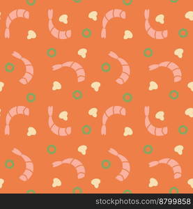 Soup Tom Yam, seamless pattern, vector. Pattern of shrimps, mushrooms and herbs on an orange background.