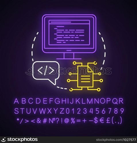 Source code editor neon light concept icon. Software programming and deployment. Computer program development idea. Glowing sign with alphabet, numbers and symbols. Vector isolated illustration