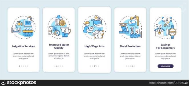 Source of renewable electricity onboarding mobile app page screen with concepts. Hydropower energy benefits walkthrough 5 steps graphic instructions. UI vector template with RGB color illustrations. Source of renewable electricity onboarding mobile app page screen with concepts