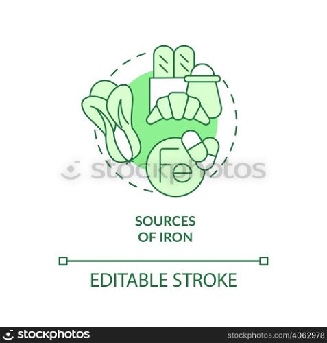 Sources of iron green concept icon. Green vegetables and bread. Source of nutrients abstract idea thin line illustration. Isolated outline drawing. Editable stroke. Arial, Myriad Pro-Bold fonts used. Sources of iron green concept icon