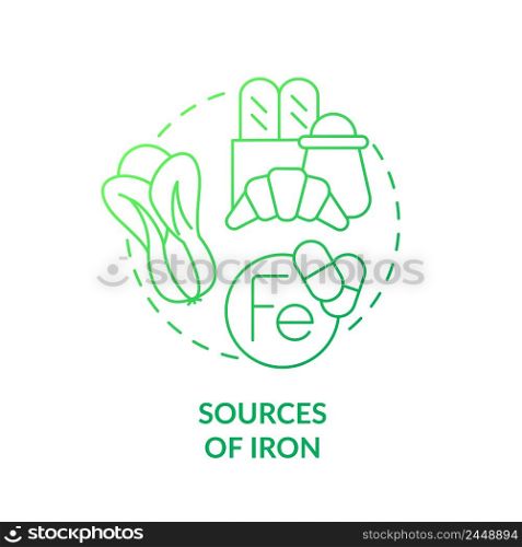 Sources of iron green gradient concept icon. Green vegetables and bread. Source of nutrients abstract idea thin line illustration. Isolated outline drawing. Myriad Pro-Bold font used. Sources of iron green gradient concept icon
