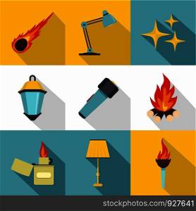 Sources of light icon set. Flat style set of 9 sources of light vector icons for web design. Sources of light icon set, flat style