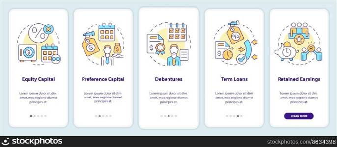 Sources of long term financing onboarding mobile app screen. Walkthrough 5 steps editable graphic instructions with linear concepts. UI, UX, GUI template. Myriad Pro-Bold, Regular fonts used. Sources of long term financing onboarding mobile app screen