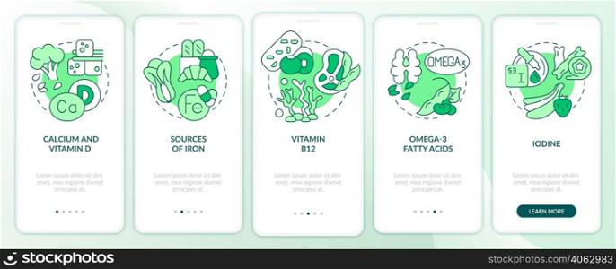 Sources of nutrients green onboarding mobile app screen. Veganism walkthrough 5 steps graphic instructions pages with linear concepts. UI, UX, GUI template. Myriad Pro-Bold, Regular fonts used. Sources of nutrients green onboarding mobile app screen