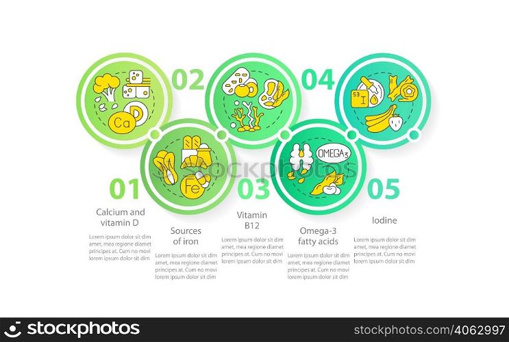 Sources of nutrients loop circle infographic template. Veganism. Data visualization with 5 steps. Process timeline info chart. Workflow layout with line icons. Myriad Pro-Regular font used. Sources of nutrients loop circle infographic template