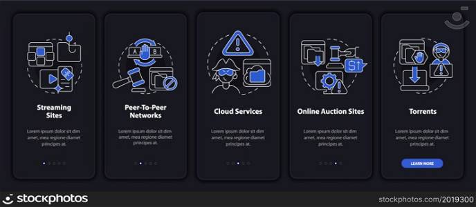 Sources of pirated content onboarding mobile app page screen. Cloud services walkthrough 5 steps graphic instructions with concepts. UI, UX, GUI vector template with linear night mode illustrations. Sources of pirated content onboarding mobile app page screen