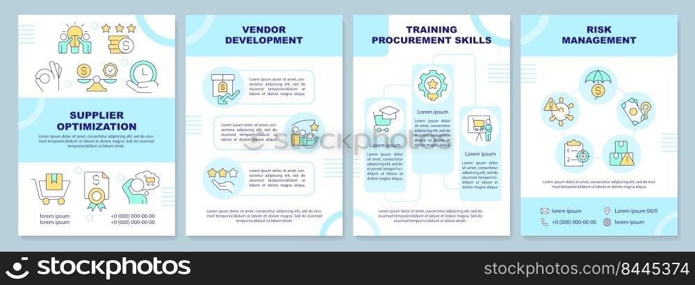 Sourcing strategies in procurement blue brochure template. Leaflet design with linear icons. Editable 4 vector layouts for presentation, annual reports. Arial-Black, Myriad Pro-Regular fonts used. Sourcing strategies in procurement blue brochure template
